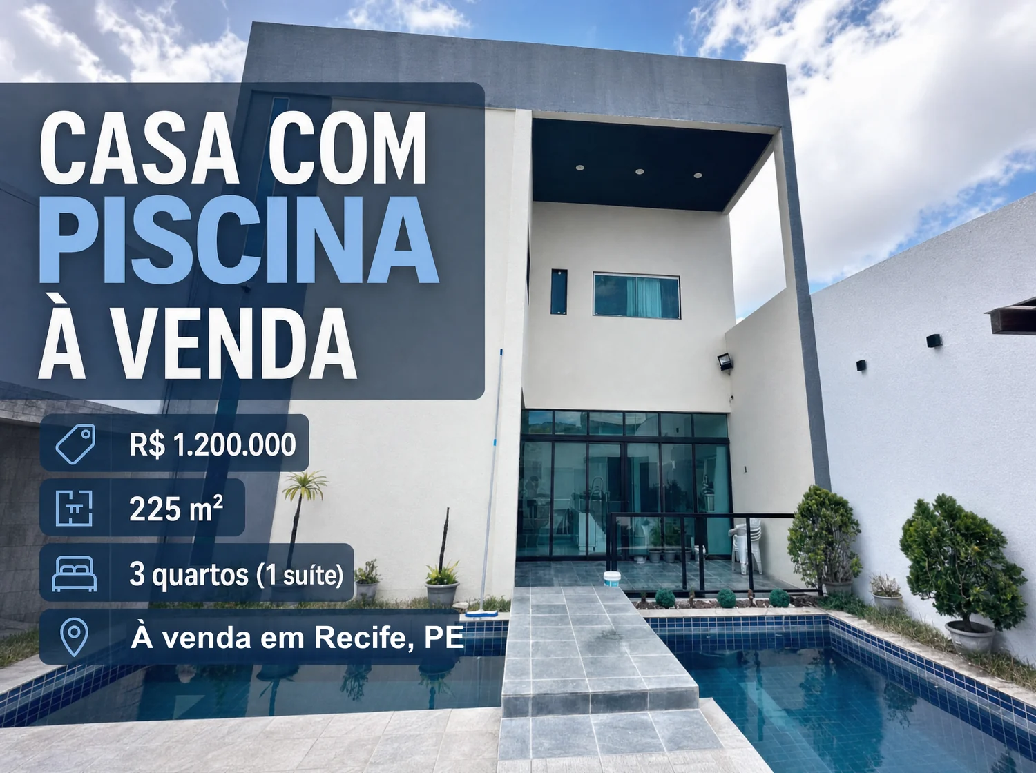 Capa de anúncio: fachada de casa com piscina, manchete
"Casa com piscina à venda" e ficha com preço, área e quartos.